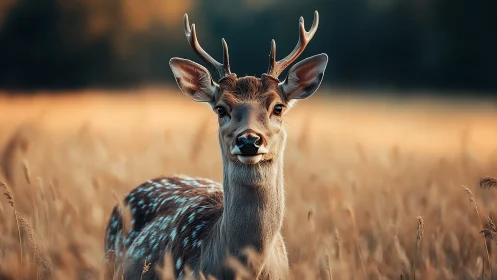 Young spotted deer in golden meadow at sunset light.