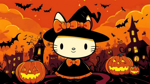 Halloween witch cat character amid glowing pumpkin landscape.