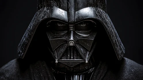 Black armored sci fi helmeted figure in frontal close view.