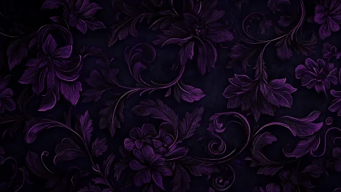 Dark purple floral ornamental pattern on black textile surface.