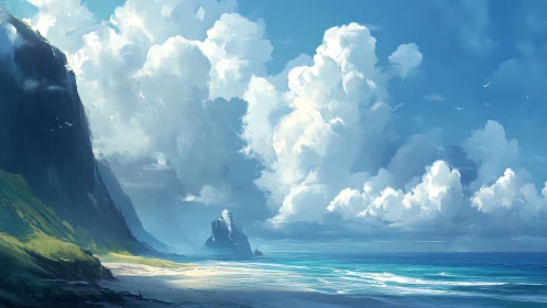 Dramatic Coastal Cliffs and Towering Cumulonimbus Cloud Formation Over Turquoise Waters.