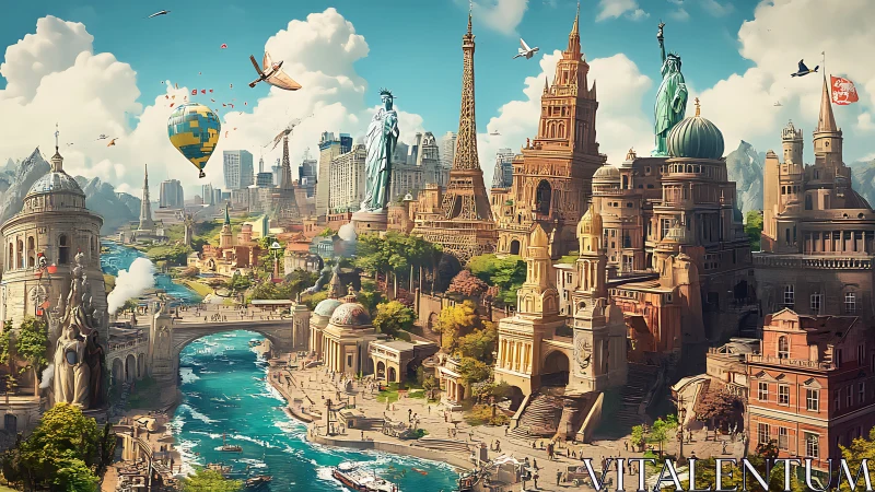 Dreamlike world city where landmarks share one bright sky.