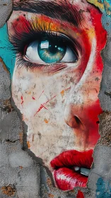 Fragmented mural portrait with detailed eye and lips on wall.