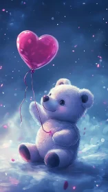 White teddy bear holds pink heart balloon in glowing light
