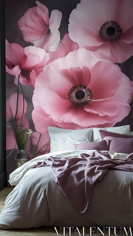 Pink Anemone Flowers with Black Centers Against Dark Background