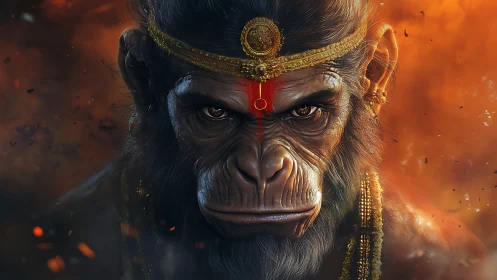 Intense warrior monkey god portrait in fiery scene.