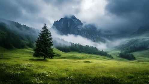 Moody alpine valley with fog bands and isolated conifer foreground