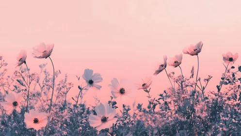 Cosmos Flowers Bathed in Soft Pink Twilight Sky