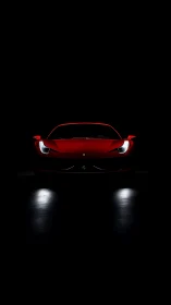 Red sports coupe front view emerges from dark background