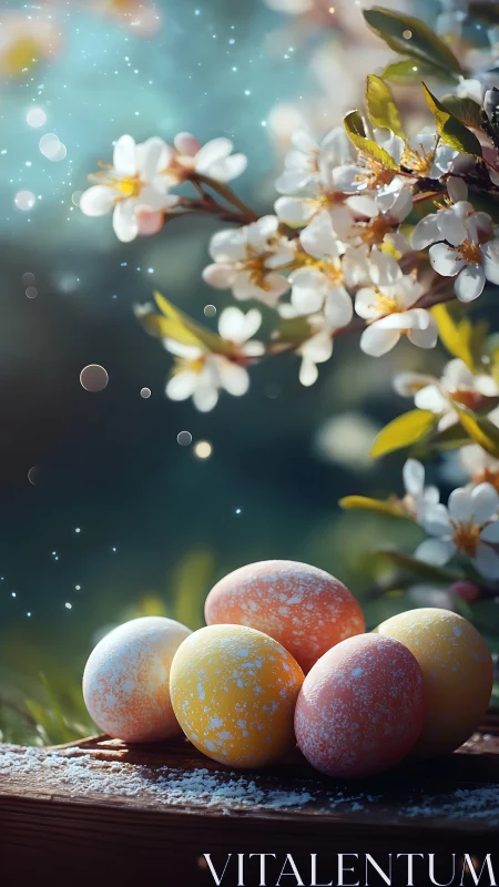 Speckled Easter eggs on wood with spring blossoms.