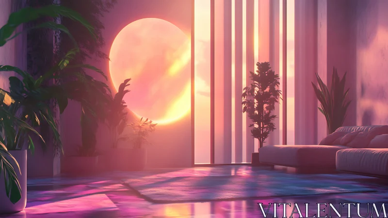 Sunlit modern lounge glows in dreamy neon sunset hues.