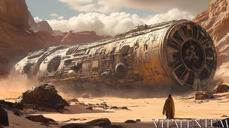 Cylindrical starship wreck rests in eroded desert canyon