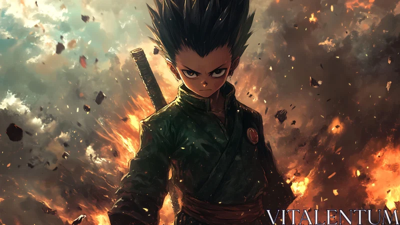 Intense anime swordsman amid explosive atmospheric burst.