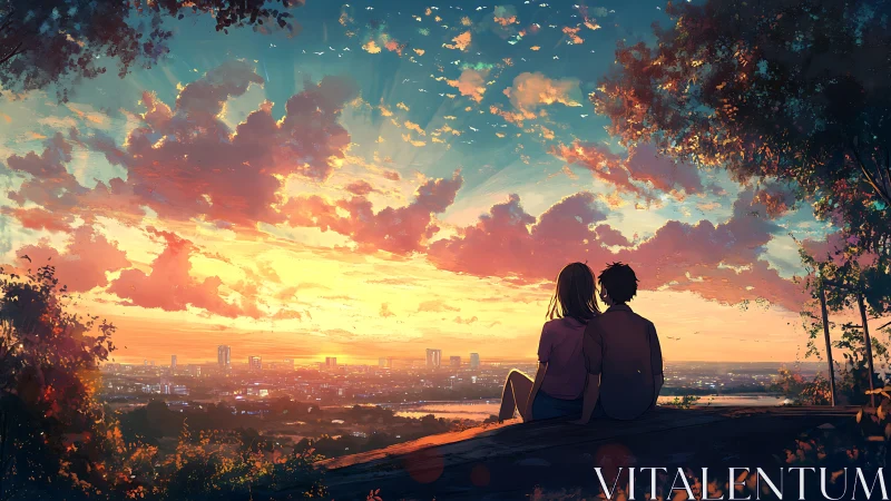 Sunset overlook with silhouetted couple and luminous skyline.