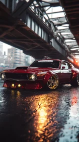 Modified red muscle car glows under a rainy urban overpass