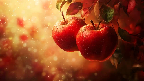 Twin dewy apples glow in warm autumn orchard light.