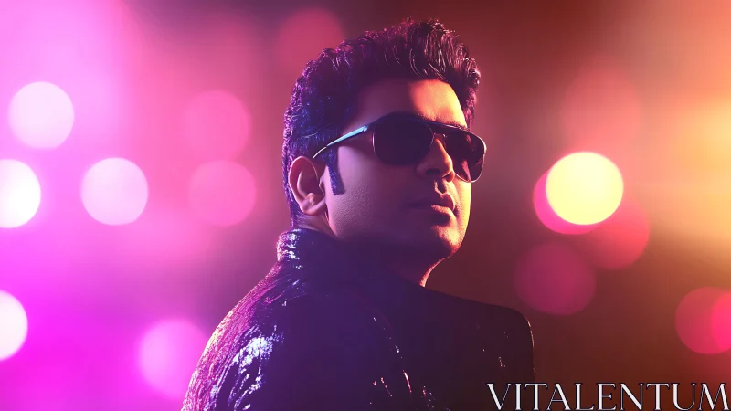 Studio portrait of man in sunglasses with neon bokeh lights