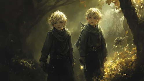 Twin elf children in dappled golden forest light.