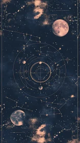 Celestial schematic maps lunar orbits in stylized starfield design