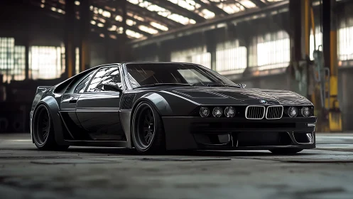 Modified black BMW sports car in dim industrial warehouse.