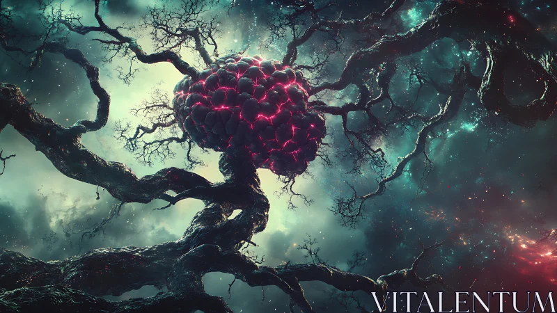 Neural tree cosmos entwined with glowing bio-organic core.