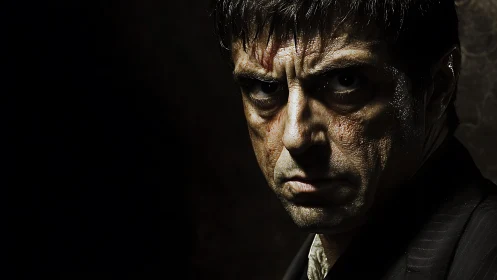 Intense male portrait under harsh low key cinematic light.