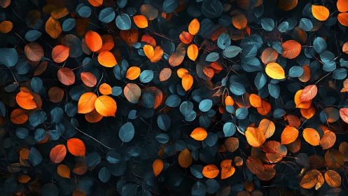 Ember-bright autumn leaves swirling through midnight foliage.