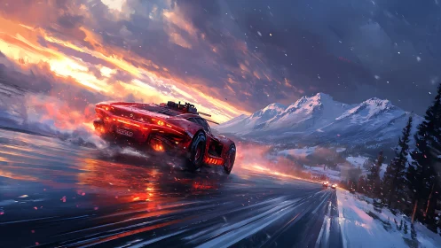 Winter highway blaze with a red supercar chasing sunset.