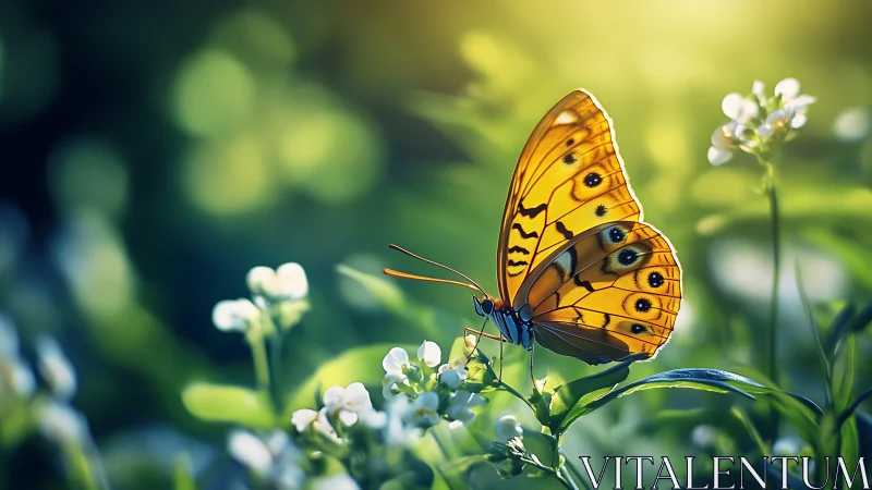 Golden butterfly rests in glowing spring garden light