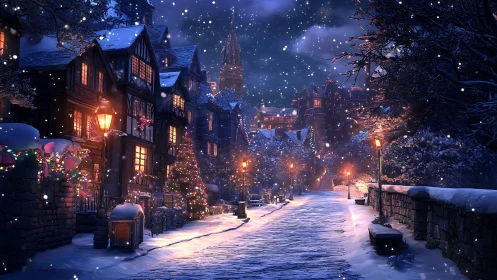Snowlit village lane humming with cozy winter magic.