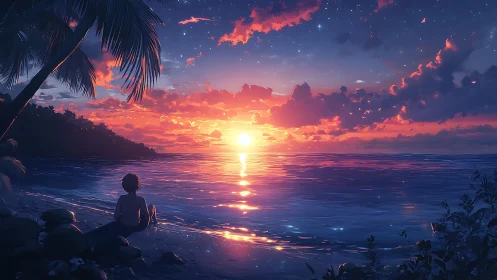 Coastal horizon at sunset with seated figure and palm trees.