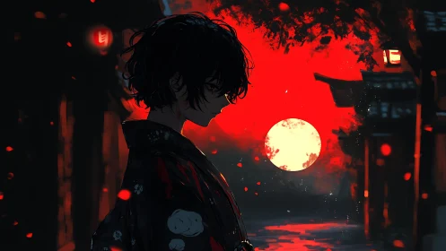 Silhouetted figure stands in red-lit street before rising moon