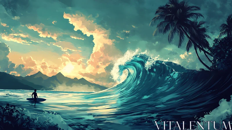 Sunset swell ignites a lone surfer’s dreamlike horizon.