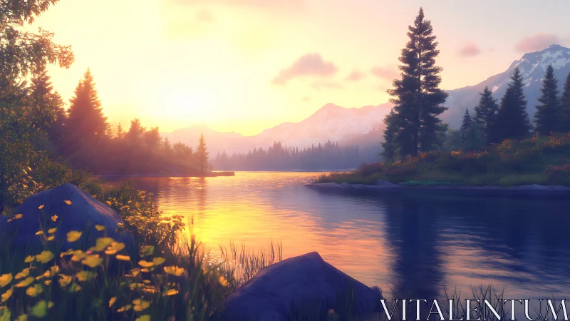 Sunlit alpine lake renders atmospheric depth and warm haze