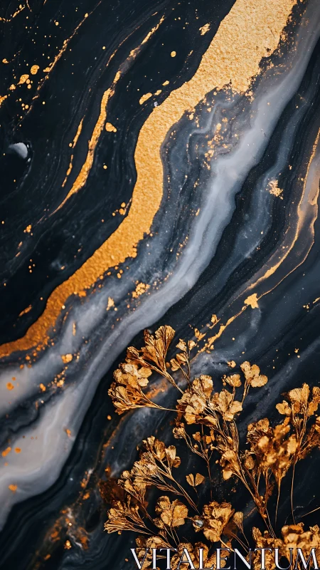 Gold dried flowers on dark marble style abstract background.