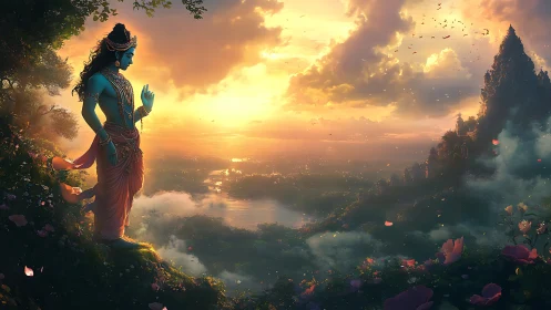 Divine blue figure overlooks misty valley at radiant sunrise