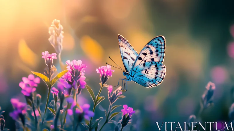 Blue butterfly rests among glowing pink wildflowers at dusk.
