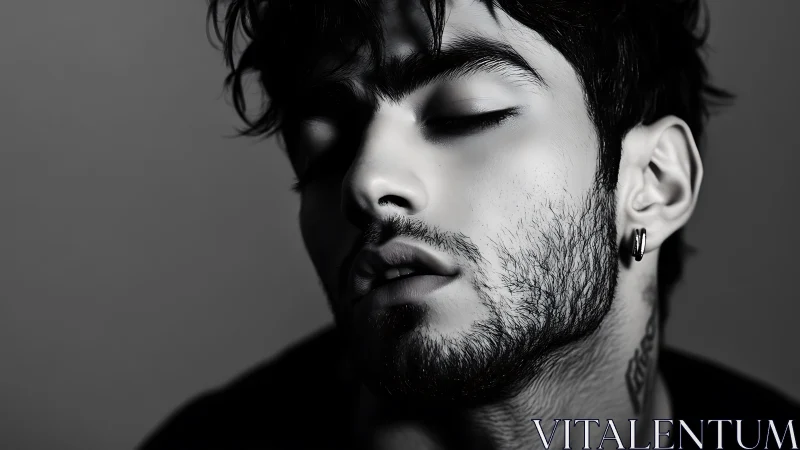 Close-up portrait shows stylized male face in side light