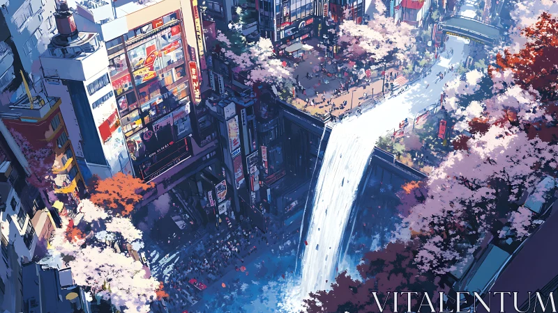 Elevated neon city plaza with cascading waterfall and sakura