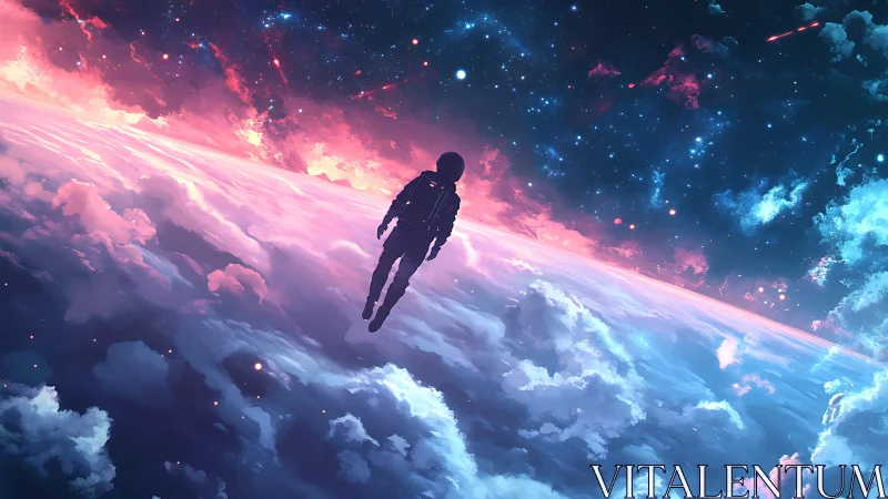 Solitary astronaut above clouded planet under starfield.