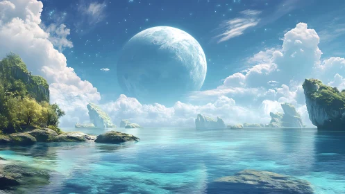Alien world landscape depicting terrestrial settlement beneath hovering celestial body.