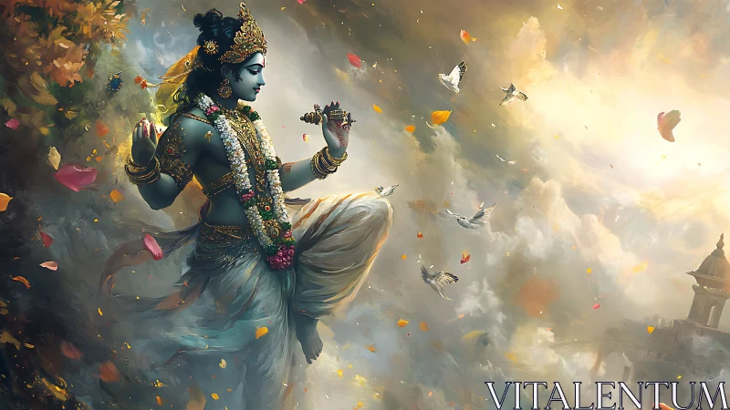 Divine blue figure dances amid swirling petals and light.