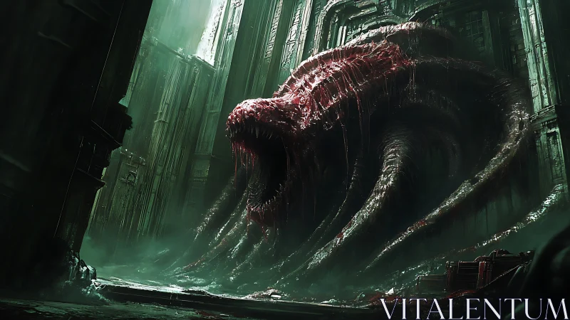 Colossal fleshy worm engulfs ruined cathedral interior