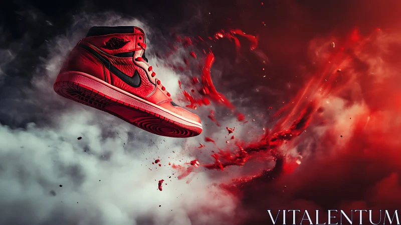 Red athletic sneaker suspended in cinematic smoke burst.