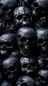 Glistening black skulls form a haunting, reflective wall.