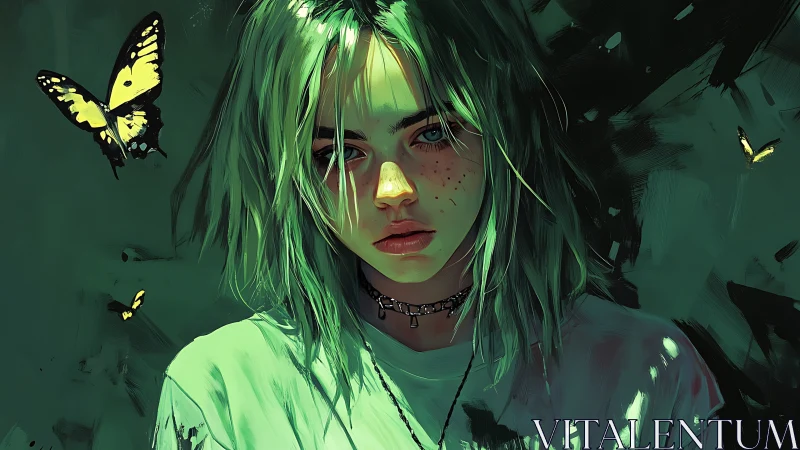 Digital portrait depicts green-haired figure with butterflies