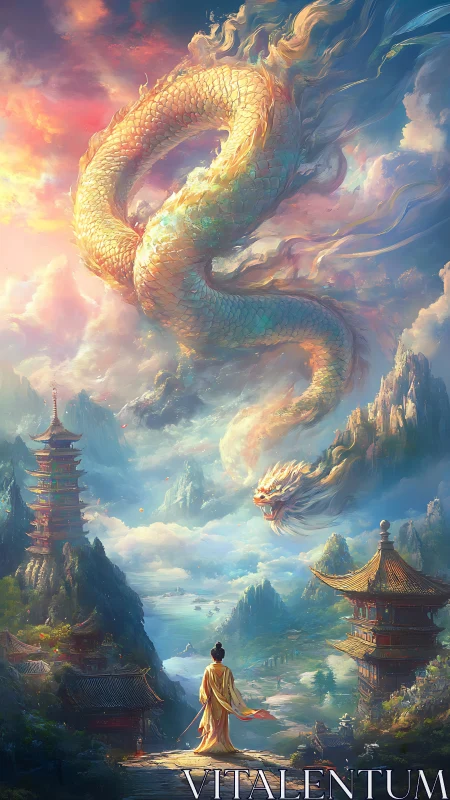 Celestial oriental dragon over misted pagoda valley vista.