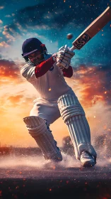 Sunset-charged cricket batter carving sparks through dust.
