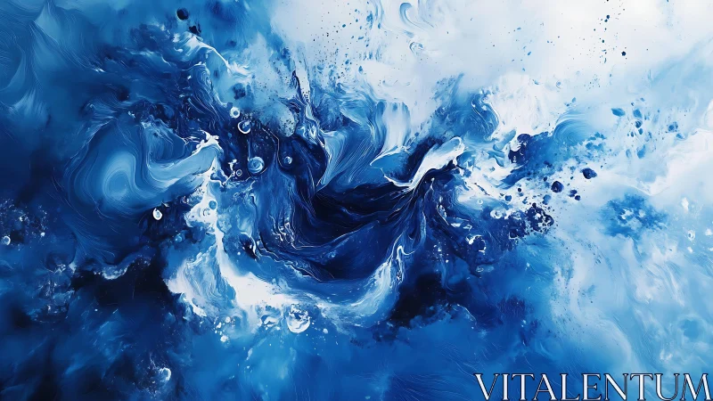 Abstract swirling blue and white fluid art painting, modern style.