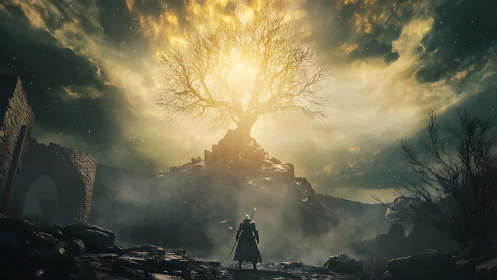 Lone warrior below radiant world tree on ruins ridge.